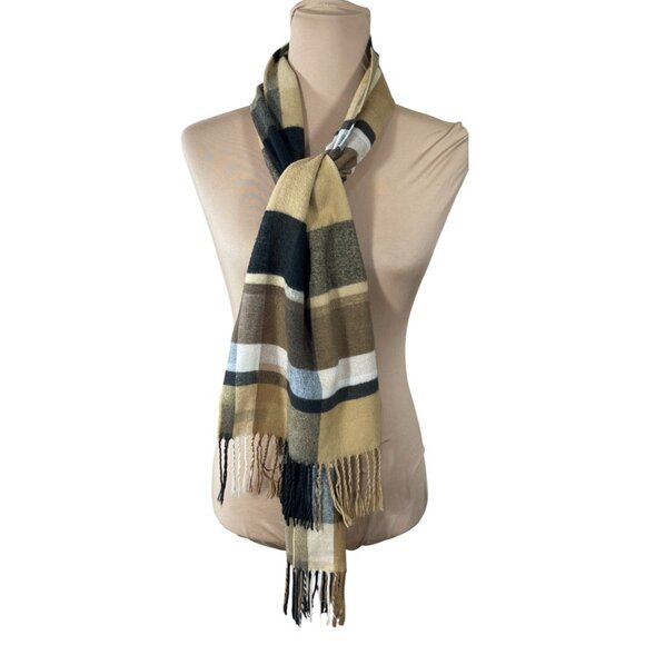 Fraas Cashmink Scarf Tan Black Fringe Tassels Plaid Germany Rectangle - Picture 1 of 5